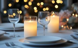 A table setting with candles and plates photo