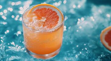 A glass of orange juice with a slice of grapefruit photo