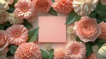 A pink square card surrounded by flowers photo