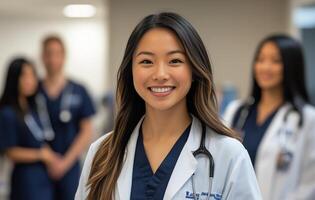A smiling female nurse standing in front of a group of other nurses photo