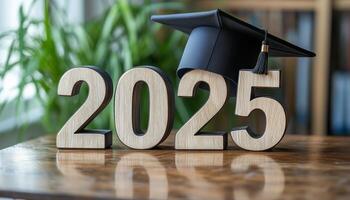 2025 graduation cap on wooden numbers photo