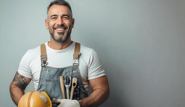 A man in overalls holding a tool photo