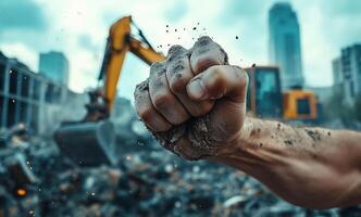 A man's fist is in the middle of a demolition site photo