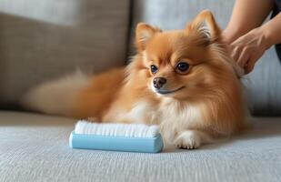 A dog sitting on a couch with a brush photo