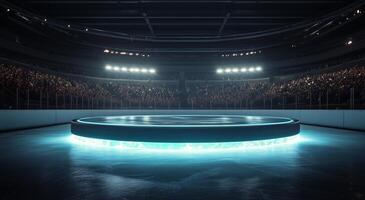 An empty ice rink with a glowing circle on it photo