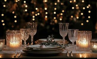 A table set for dinner with candles and plates photo
