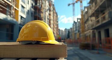 A hard hat sits on top of a wooden block photo