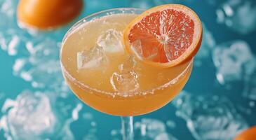 A glass of orange juice with a slice of orange photo