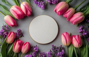 Pink tulips and purple flowers around a white oval frame photo