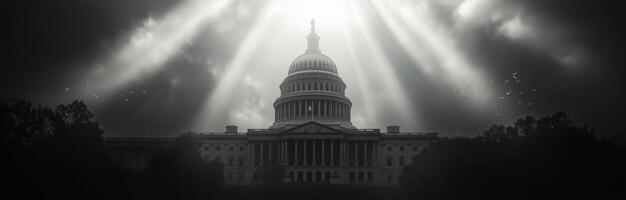 The capitol building is shown in black and white photo