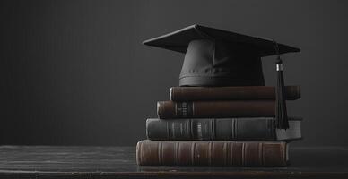 A graduation cap sits on top of a stack of books photo