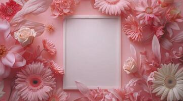 A pink background with flowers and a blank frame photo