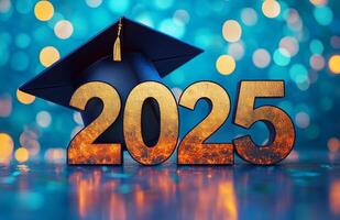 2025 graduation cap on a blue background with bokeh lights photo