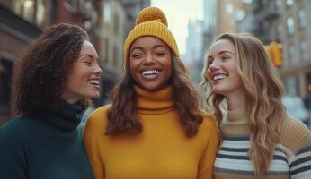 Three women smiling and laughing in the city photo