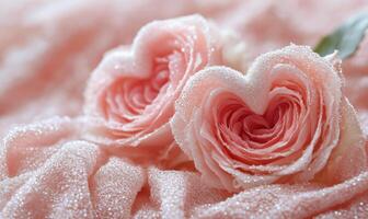 Two pink roses are on a pink cloth photo