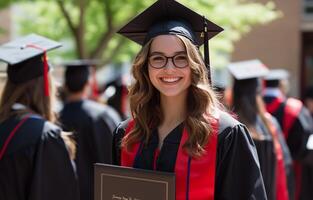 A woman in graduation attire holding a diploma photo