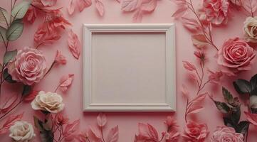 A pink background with flowers and a white frame photo