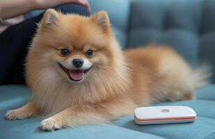 A dog sitting on a couch next to a small white device photo