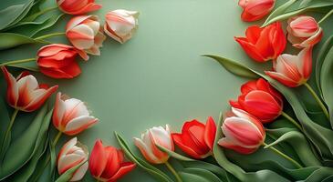 Red and white tulips are arranged in a circle photo