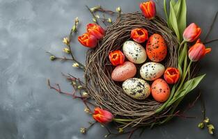 Pascua de Resurrección huevos y tulipanes en un nido en un gris antecedentes foto