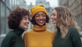 Three women in green sweaters and hats smiling photo