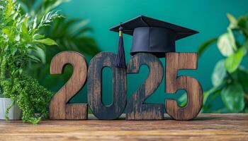 2025 graduation cap on wooden numbers photo