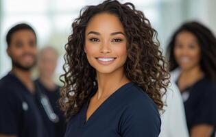 A beautiful young woman in scrubs standing in front of a group of medical professionals photo