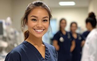 A smiling nurse standing in front of a group of medical staff photo
