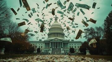 Money falling from the sky over the us capitol building photo