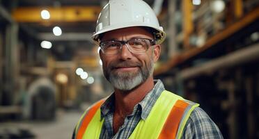 A man with glasses and a hard hat in a factory photo
