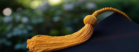 A graduation cap with a yellow tassel photo