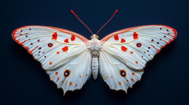 A white butterfly with red spots on its wings photo