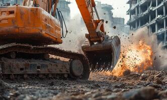 A construction machine is digging up dirt photo