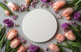 Easter flowers and oval white frame on gray background photo
