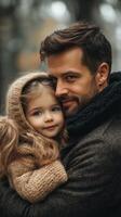 A man and a little girl hugging in the woods photo