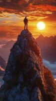 Man standing on top of mountain at sunset photo