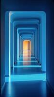 A long hallway with blue walls and light at the end photo