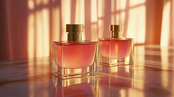 Two bottles of perfume on a table with sunlight photo