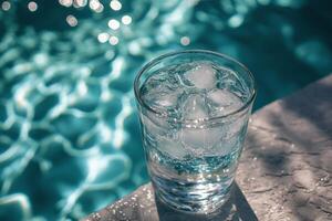 A glass of water sitting on a table near a pool photo
