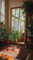 A room with plants and a mirror photo