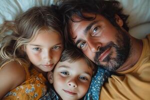 A man and two children laying on a bed photo