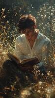 A man reading a book in a field of grass photo
