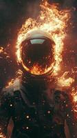 An astronaut in a space suit with fire coming out of his helmet photo