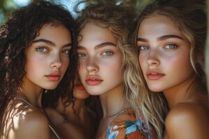 Three beautiful young women with curly hair photo