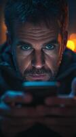 A man looking at his phone while wearing a hoodie photo