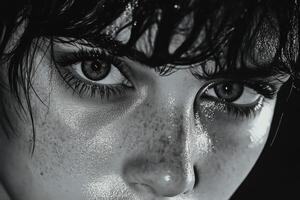 A black and white photo of a woman with freckles