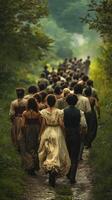 A group of people walking down a path in the woods photo