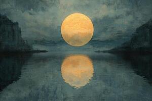 A painting of a full moon over water photo
