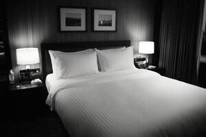 A black and white photo of a bed