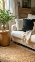 A living room with a couch, a table and a plant photo